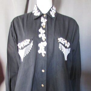 Vintage Western Rodeo Shirt Black with White Trim Faux Pearls 1980 Unisex